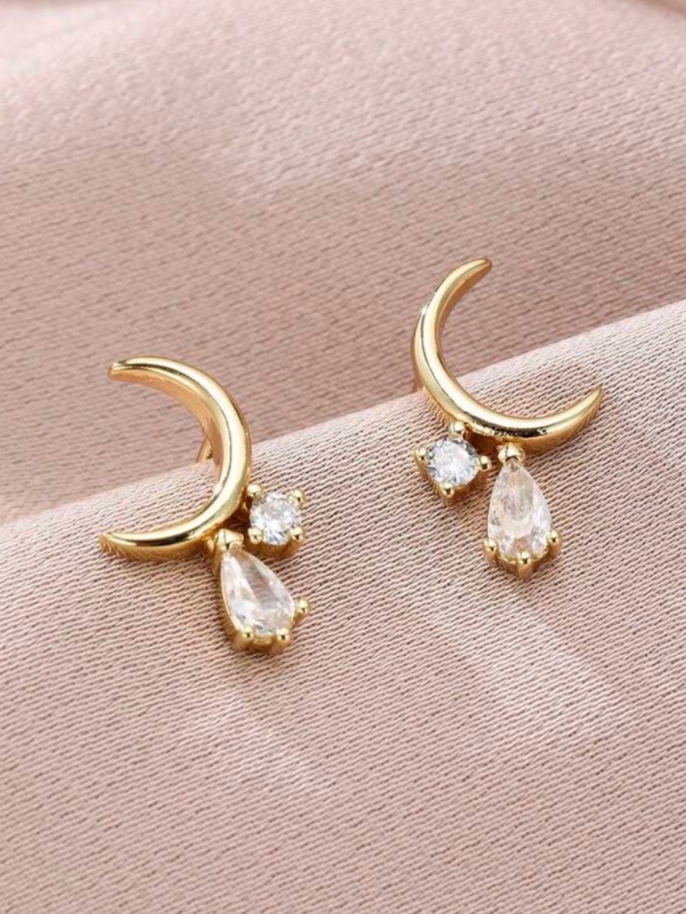 Gold Crescent Moon Earrings with Clear Teardrop and Round Stones A2058